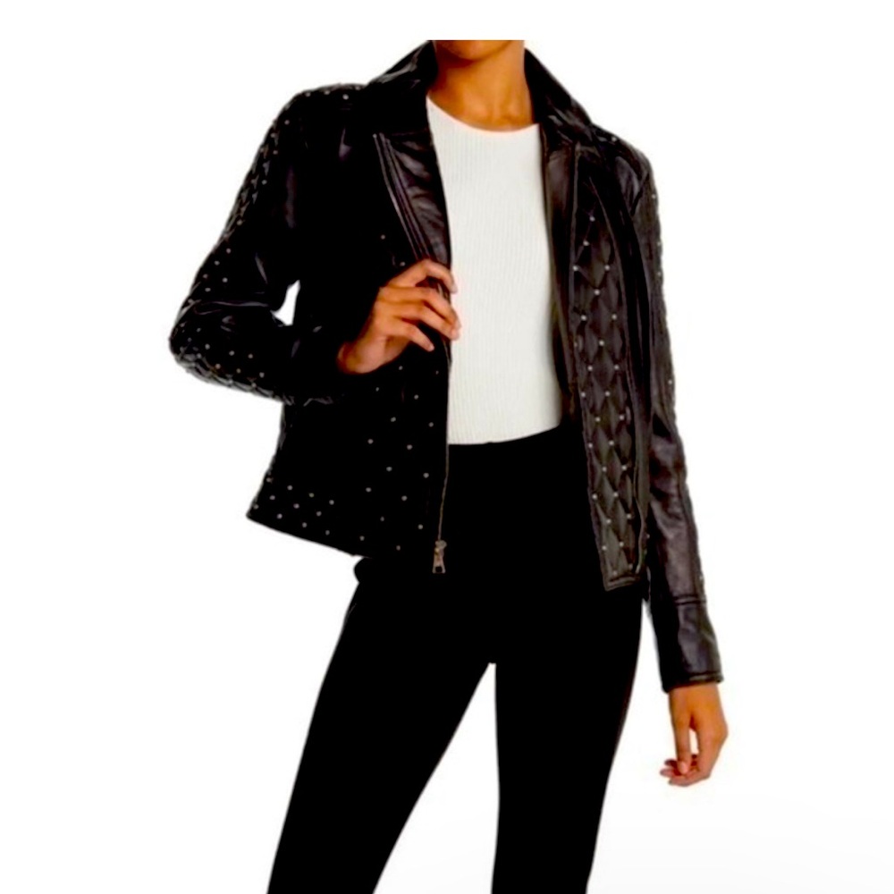 Karl Lagerfeld Studded Quilted Leather Crop Jacket in Black Size Medium